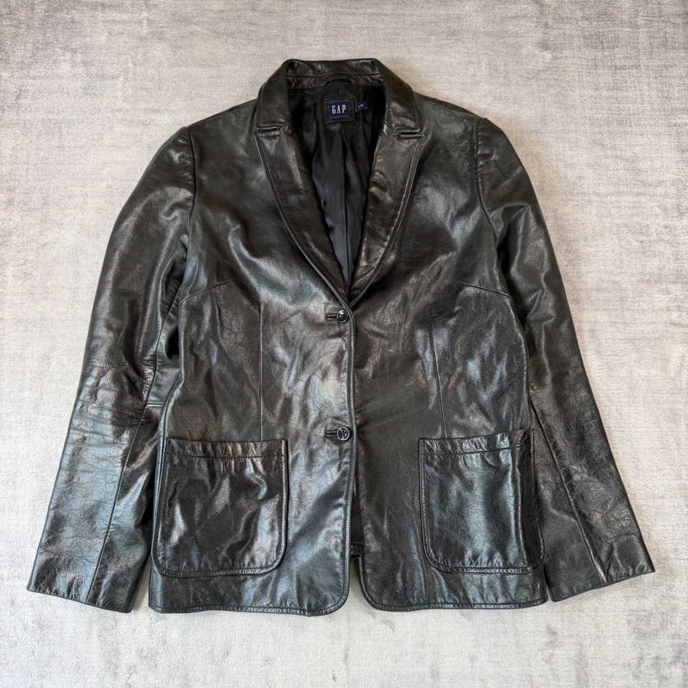 Vintage Gap Jacket Womens Large Black Leather Blazer 90s Y2K 2-Button Coat